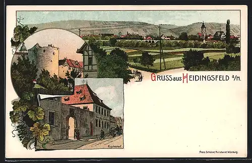 Lithographie Heidingsfeld, Gasthaus Capitelshof, Panorama