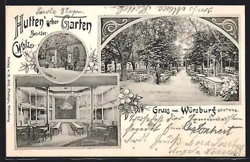AK Würzburg, Gasthaus Hutten`scher Garten, Saalansicht, Garten