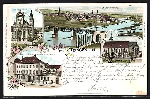 Lithographie Kitzingen a. M., Eisenbahnbrücke, Kirchen