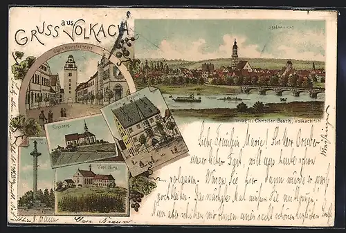 Lithographie Volkach, Obere Hauptstrasse, Rathaus mit Brunnen, Kirchberg