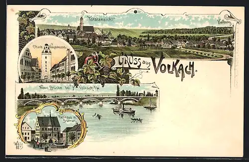 Lithographie Volkach, Obere Hauptstrasse mit Uhrturm, Rathaus m. Brunnen, Dampfer