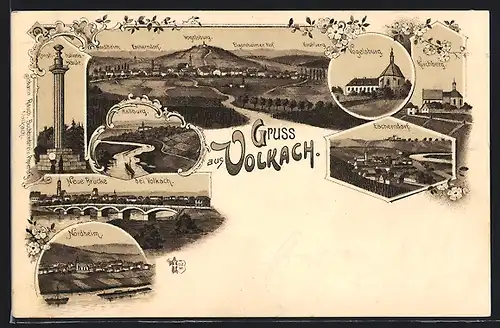 Lithographie Volkach, Neue Brücke, Vogelsburg, Kirchberg