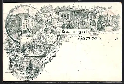 Lithographie Kettwig, Hotel Jägerhof von Albert Müller