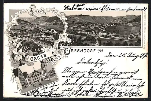 Lithographie Oberndorf / Neckar, Marktplatz mit Kirche, Gesamtansicht