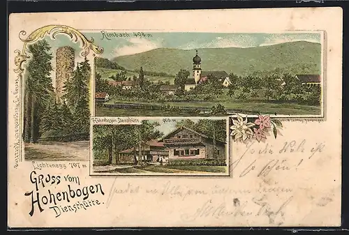 Lithographie Lichtenegg, Hohenbogen Diensthütte, Blick auf Turm