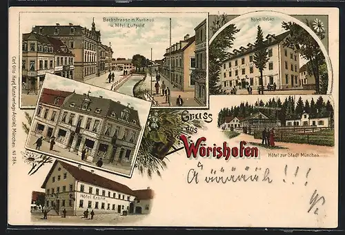 Lithographie Wörishofen, Bachstrasse mit Kurhaus und Hotel Luitpold, Hotel Urban, Hotel zur Stadt München