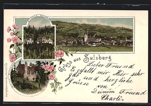 Lithographie Sulzberg, An der Ruine, Blick auf Jodbad und Ort