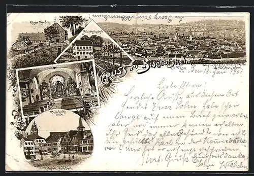 Lithographie Bischofsheim v. d. Rhön, Kloster Kreuzberg, Holzschnitzschule, Marktplatz mit Geschäften