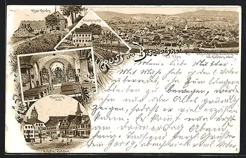 Vorläufer-Lithographie Bischofsheim v. d. Rhön, 1894, Am Marktplatz, Innenansicht der Klosterkirche, Holzschnitzschule