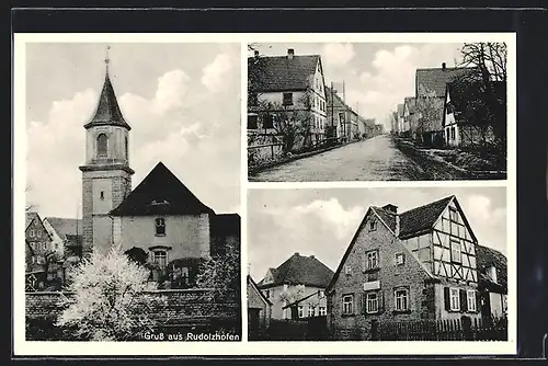 AK Rudolzhofen, Kirche mit Friedhof, Strassenpartie