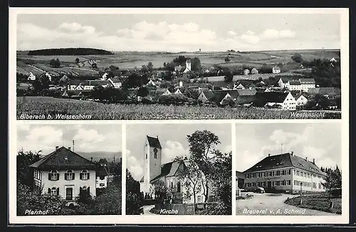 AK Biberach, Pfarrhof, Kirche, Brauerei v. A. Schmid, Westansicht