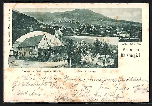 AK Diersburg i. B., Gasthaus-Brauerei zum Hirsch, Ruine, Gesamtansicht mit Freiherrlichem Sitz