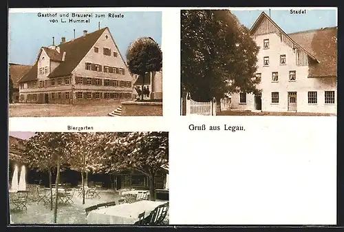 AK Legau, Gasthof und Brauerei zum Rössle, Stadel, Biergarten