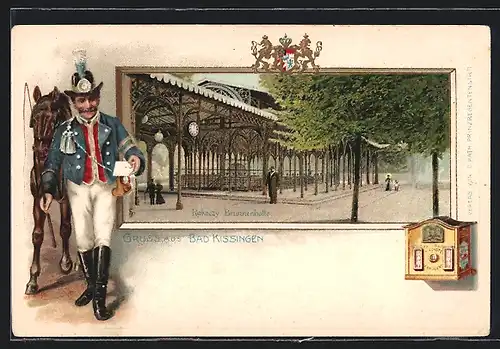 Passepartout-Lithographie Bad Kissingen, Rakoczy Brunnenhalle, Postillon mit Brief und Pferd, Briefkasten