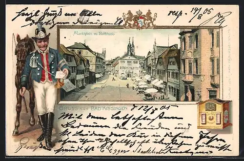 Passepartout-Lithographie Bad Kissingen, Marktplatz mit Rathaus, Wappen, Postillon und Briefkasten