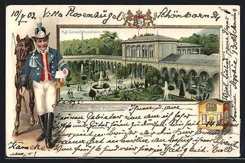 Passepartout-Lithographie Bad Kissingen, Kgl. Conversationshaus mit Anlagen, Postillon mit Brief, Briefkasten