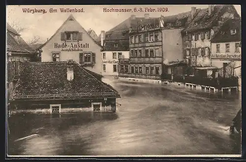 AK Würzburg, Am Wellenbad, Hochwasser 1909, Überschwemmte Strasse mit Bade-Anstalt J. Böhnlein