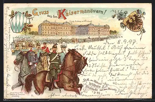 Lithographie Würzburg, Kaisermanöver 1897, Königl Schloss