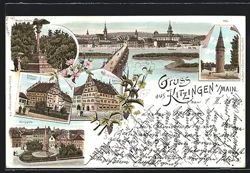 Lithographie Kitzingen am Main, Rathaus, Königsplatz, Falterturm