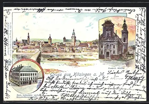 AK Kitzingen a. M., Stadtpanorama, die Protest. Kirche, Prot. Industrie- und Haushaltungsschule