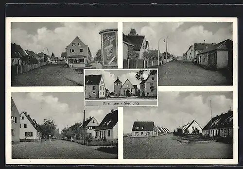 AK Kitzingen, Siedlung, Strassenpartien, Ortspartie mit Kirche, Litfasssäule Texas-Zigaretten