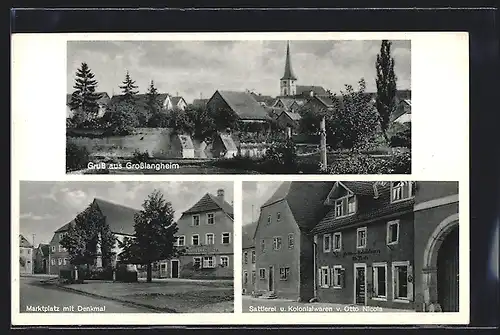 AK Grosslangheim, Sattlerei und Kolonialwaren von Otto Nicola, Marktplatz mit Denkmal