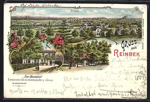 Lithographie Reinbek, Ortsansicht mit Gesellschaftshaus Zur Harmonie