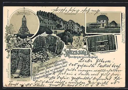 Lithographie Schwalbenthal, Weissner mit Aussichtsturm, Seesteinen, Viehaus, Schutzhütte, Wappen, Ortspartie