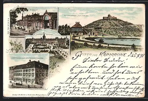 Lithographie Karlsruhe, Gasthaus zur Goldenen Traube, Bahnhof, Stadtsgarten und Lauterberg