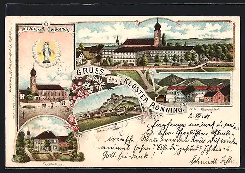 Lithographie Rottenburg, Blick zum Kloster Ronning, Expositurhaus & ehemalige Burg