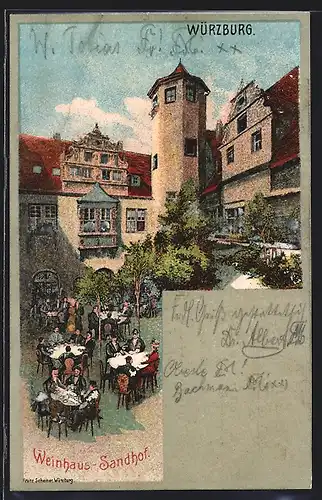 Lithographie Würzburg, Gasthof, Weinhaus-Sandhof