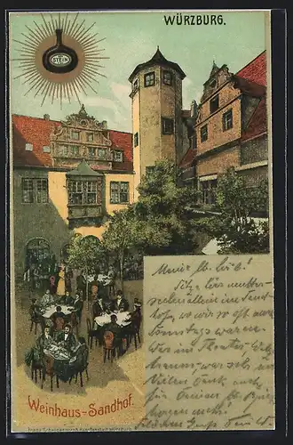 Lithographie Würzburg, Gasthof Weinhaus Sandhof, Hofansicht mit Gästen