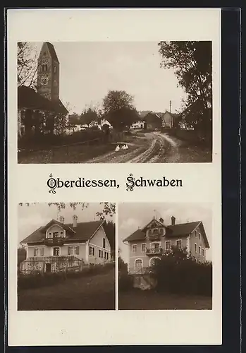 AK Oberdiessen /Schwaben, Strassenpartie mit Kirche, Blick auf ein Wohnhaus
