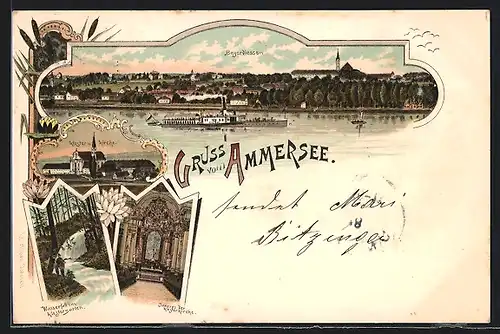 Lithographie Diessen, Ortsansicht, Dampfer auf dem Ammersee, Kloster & Kirche