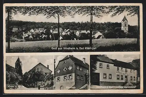 AK Windheim b. Bad Kissingen, Gasthaus z. Stern von Ludwig Mahlmeister, Kirche und Schule