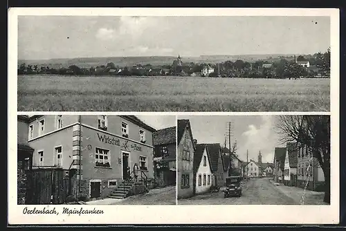 AK Oerlenbach /Mainfranken, Gasthaus zur Rose, Bes. Barbara Brand, Inh. Maria Kathrein, Strassenpartie, Panorama