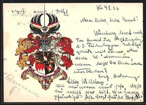 Künstler-AK Würzburg, Wappen der Landsmannschaft Teutonia, Studentenwappen