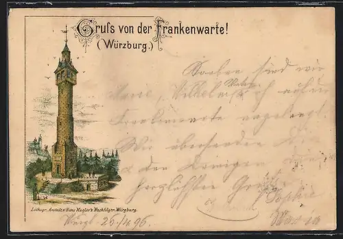 Lithographie Würzburg, Frankenwarte, Aussichtsturm