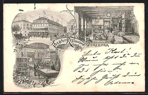 Lithographie Würzburg, Theater-Restaurant, Billardsalon