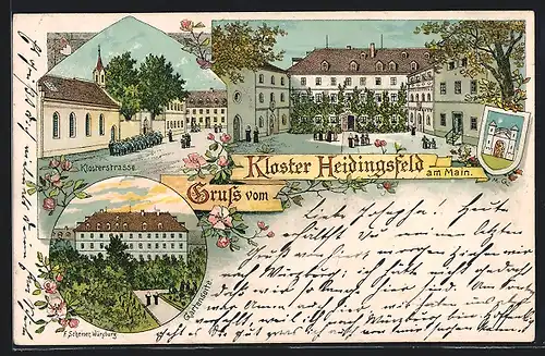 Lithographie Heidingsfeld am Main, Kloster, Klosterstrasse, Gartenseite