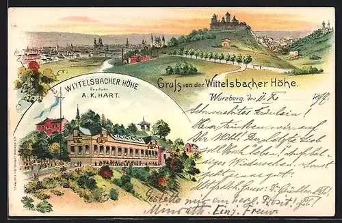 Lithographie Würzburg, Wittelsbacher Höhe, Bes. A. K. Hart