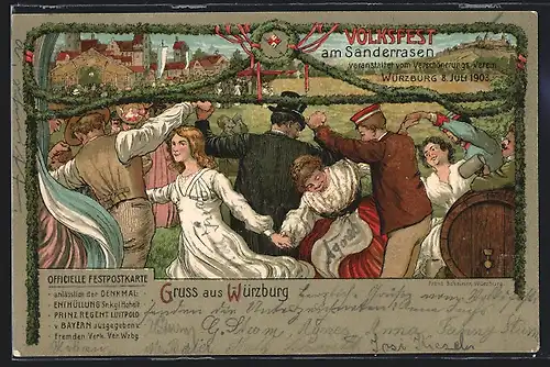 Lithographie Würzburg, Volksfest am Sanderrasen des Verschönerungsverein 1903