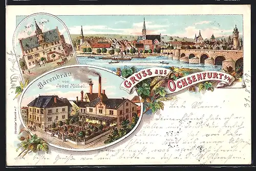 Lithographie Ochsenfurt a. M., Bärenbräu von Josef Michel, Rathaus, Ortsansicht