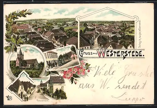 Lithographie Westerstede, Secundär-Bahn, Turm, Peterstrasse, Ortsansicht