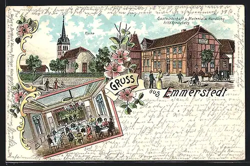 Lithographie Emmerstedt, Gastwirtschaft u. Materialw.-Handlung v. Fritz Kreutzberg