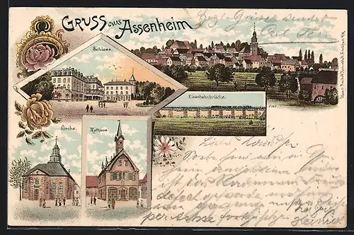 Lithographie Assenheim, Eisenbahnbrücke, Schloss, Kirche, Rathaus