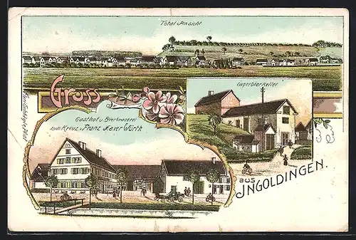 Lithographie Ingoldingen, Gasthof u. Bierbrauerei zum Kreuz v. Franz Xaver Würth