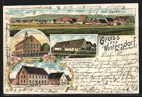 Lithographie Wintersdorf / Zirndorf, Gasthaus zum goldenen Hirsch von Mejer, Gasthaus zum weissen Ross v. Lämmermann