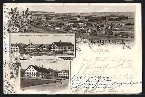 Lithographie Wiggensbach, Gesamtansicht aus der Vogelschau, Ortspartie mit Handlung Mayer, Gasthaus zum goldenen Kreuz