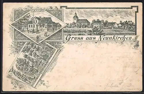 Vorläufer-Lithographie Neunkirchen, 1894, Gasthof zum grünen Baum, Kaiserturm